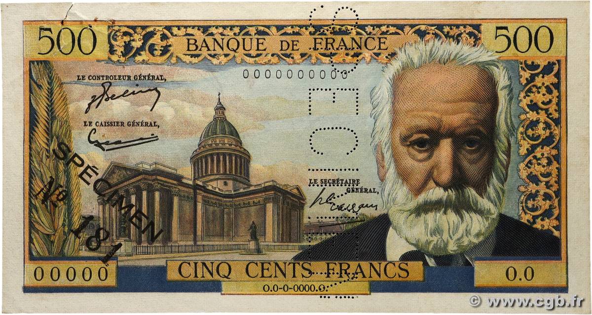 500 Francs VICTOR HUGO Spécimen FRANKREICH  1954 F.35.01Spn VZ