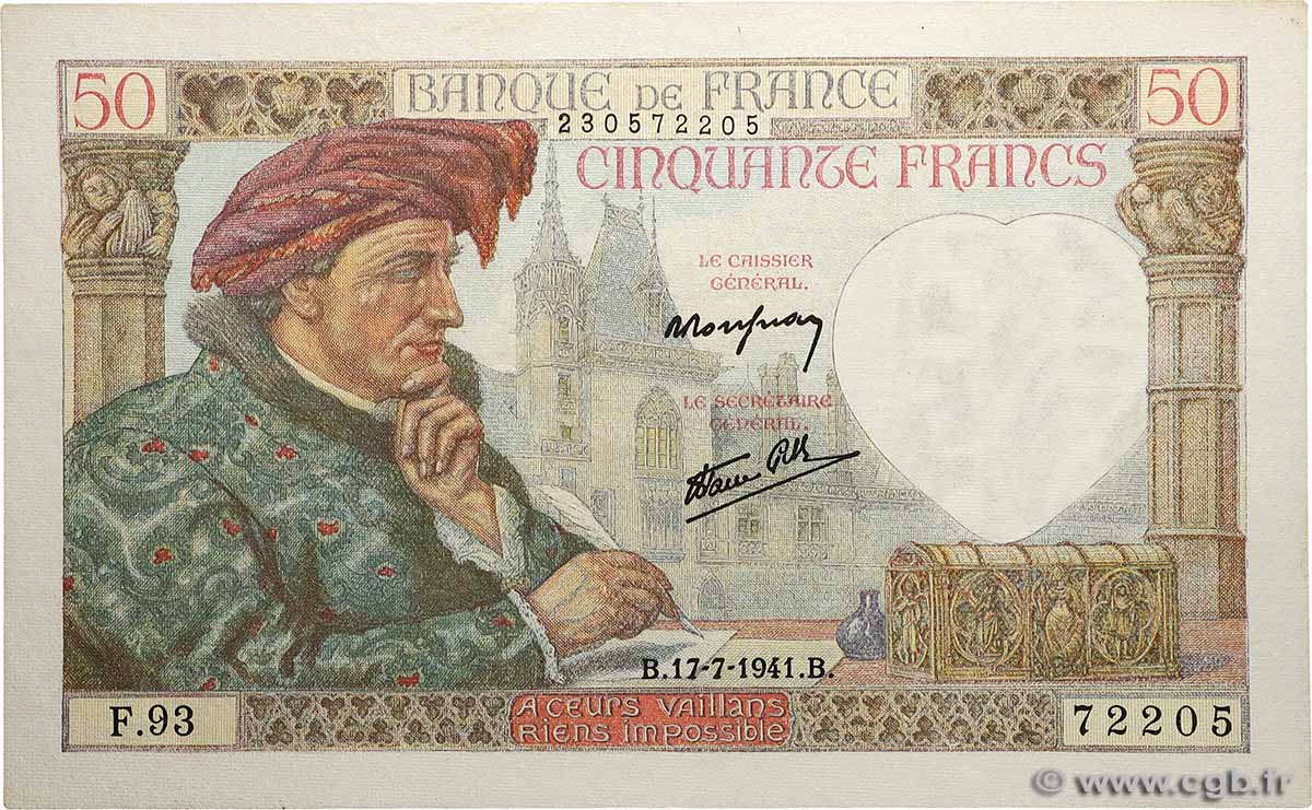 50 Francs JACQUES CŒUR FRANCE  1941 F.19.12 SPL