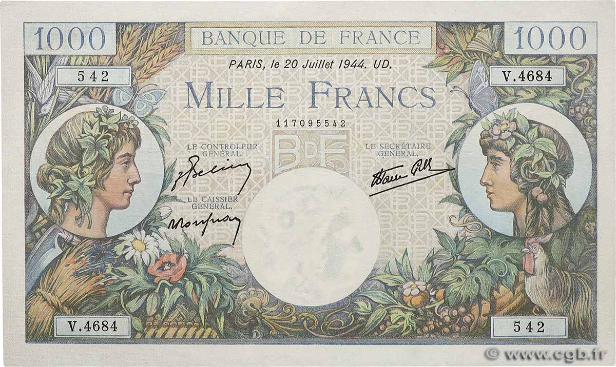 1000 Francs COMMERCE ET INDUSTRIE FRANCE  1944 F.39.12 AU