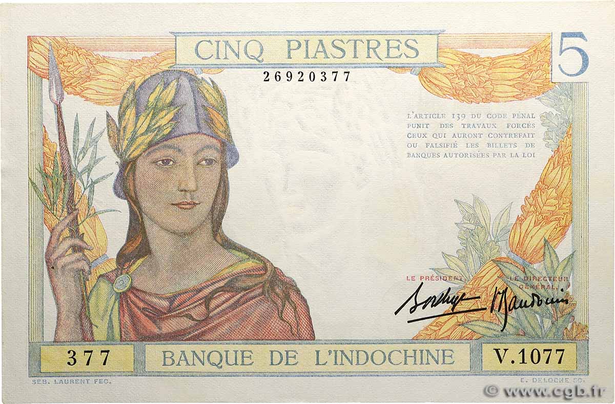 5 Piastres FRENCH INDOCHINA  1936 P.055b UNC-