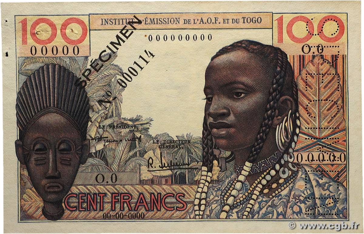 100 Francs Spécimen FRENCH WEST AFRICA  1956 P.46s XF