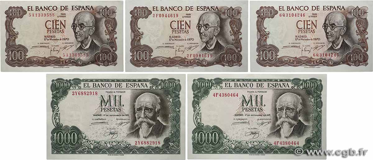 100 et 1000 Pesetas Lot SPANIEN  1970 P.152a et P.154 fST+