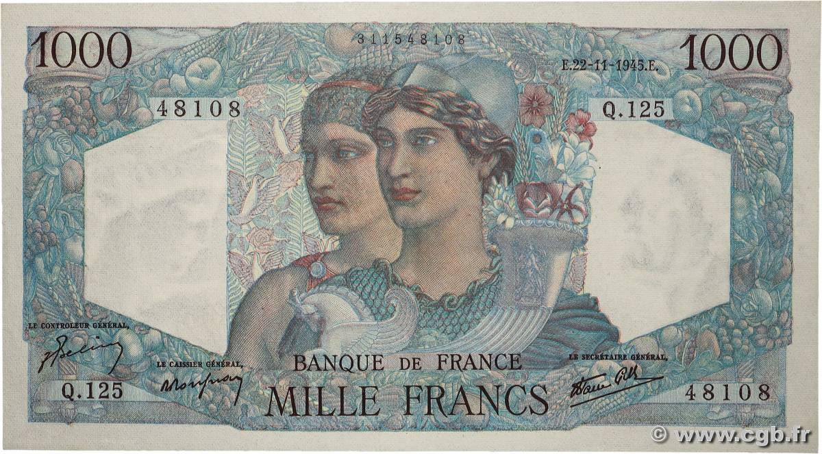 1000 Francs MINERVE ET HERCULE FRANCE  1945 F.41.08 SUP+