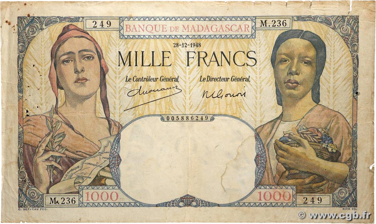 1000 Francs MADAGASCAR  1948 P.041 pr.TB