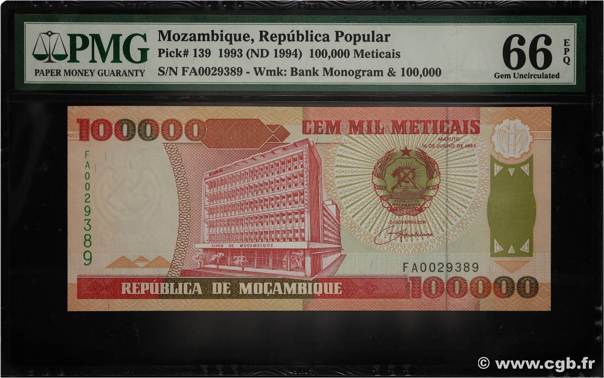 100000 Meticais MOZAMBIQUE  1993 P.139 NEUF