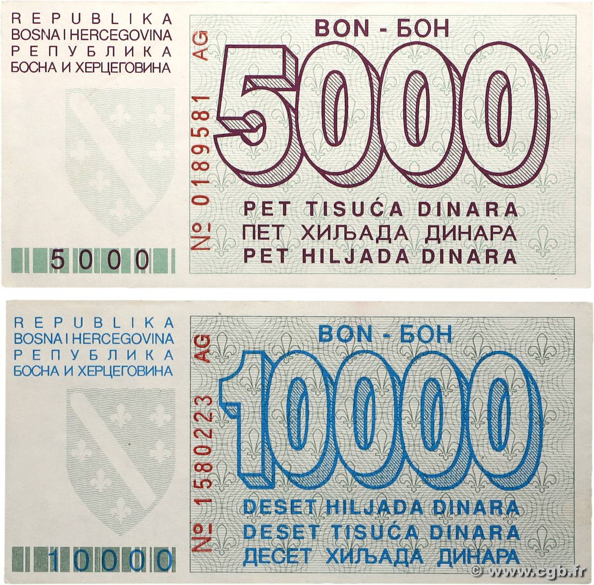 5000 et 10000 Dinara Lot BOSNIE HERZÉGOVINE  1992 P.027a  et P.028a TTB+