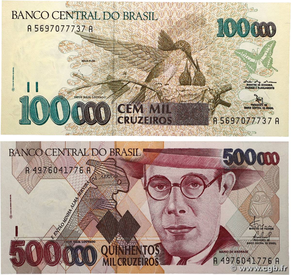 100000 et 500000 Cruzeiros Lot BRÉSIL  1992 P.235a et P.236c NEUF