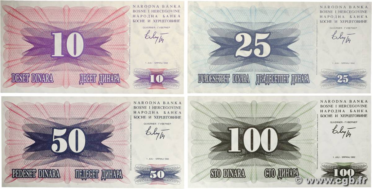 10 à 100 Dinara Lot BOSNIE HERZÉGOVINE  1992 P.010a à P.013a SPL