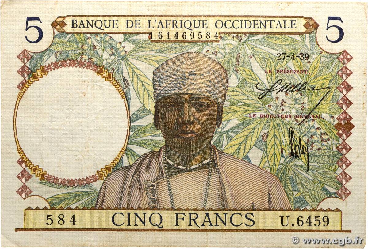 5 Francs AFRIQUE OCCIDENTALE FRANÇAISE (1895-1958)  1939 P.21 TB