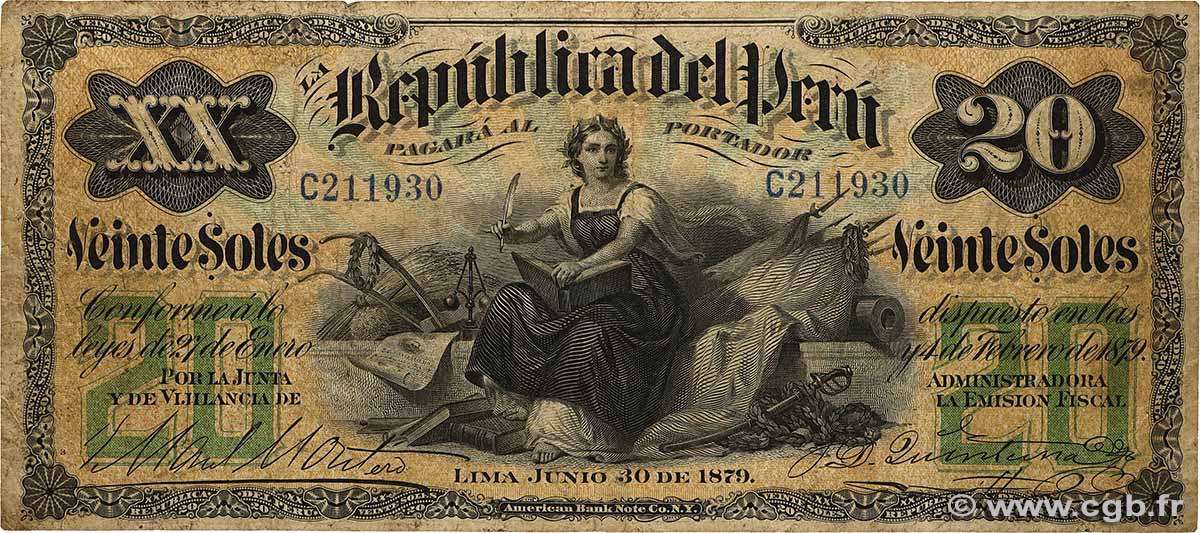 20 Soles PÉROU  1879 P.007a B+