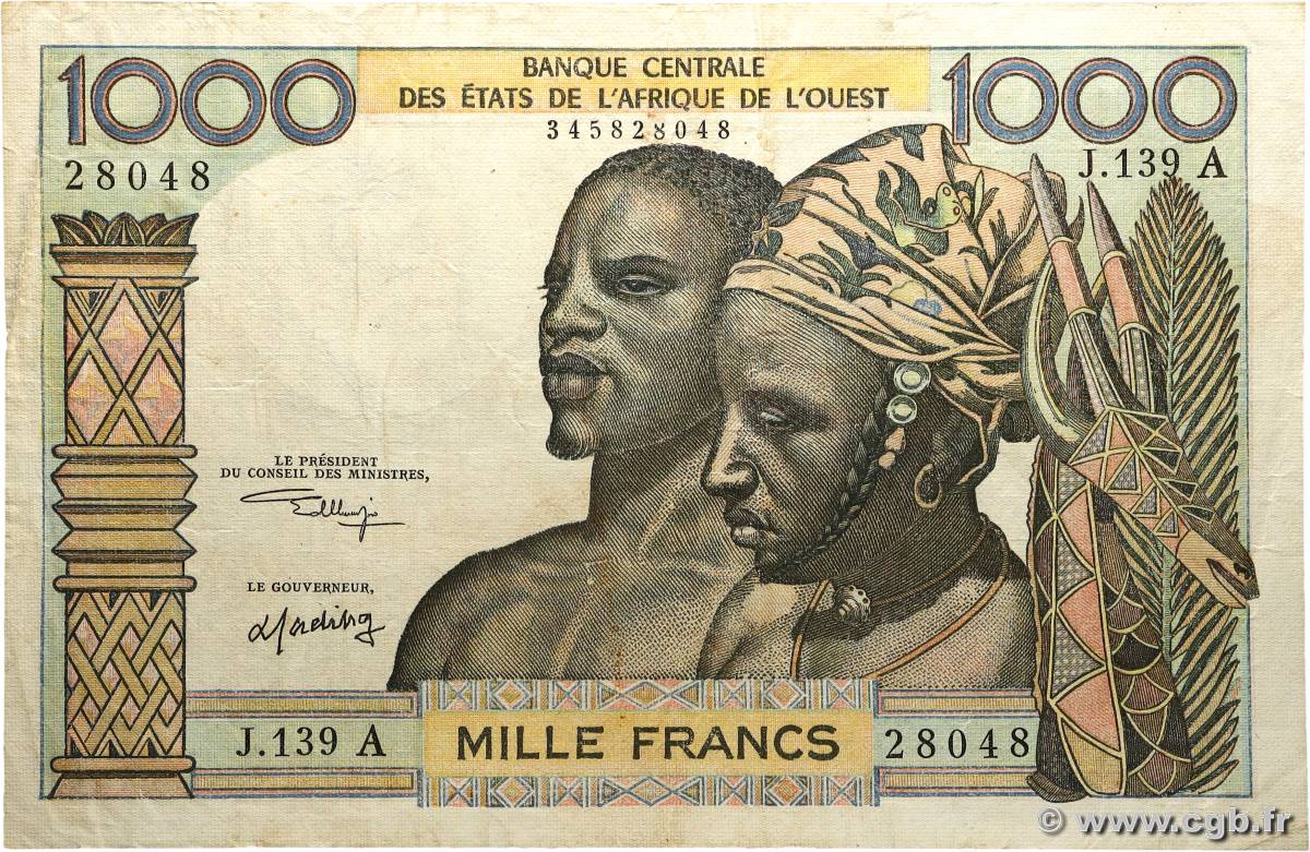 1000 Francs ÉTATS DE L&nbsp;AFRIQUE DE L&nbsp;OUEST  1973 P.103Ak TB