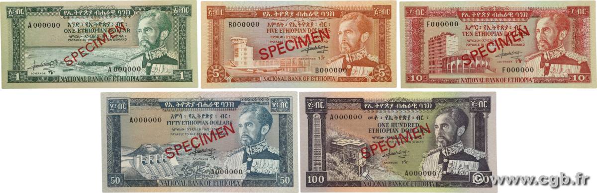 1 à 100 Dollars Spécimen ÉTHIOPIE  1966 P.25s à P.29s pr.NEUF