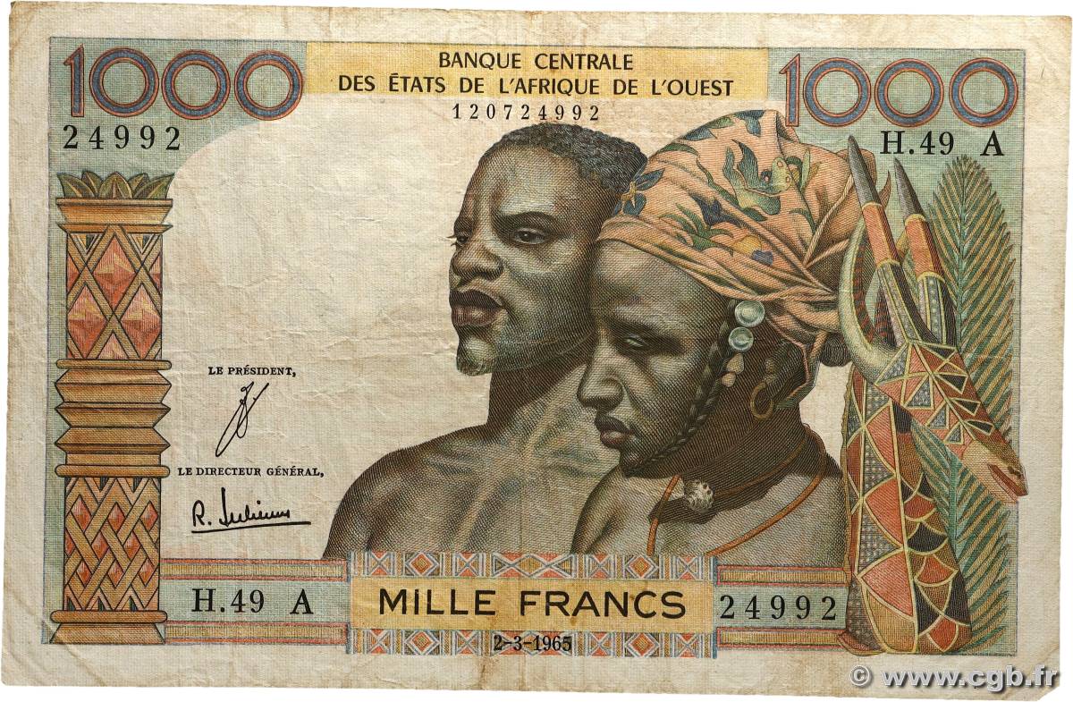 1000 Francs ÉTATS DE L&nbsp;AFRIQUE DE L&nbsp;OUEST  1965 P.103Ad B+