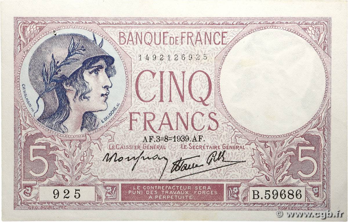 5 Francs FEMME CASQUÉE modifié FRANCE  1939 F.04.04 XF+