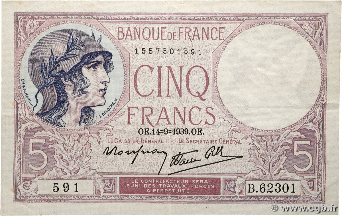 5 Francs FEMME CASQUÉE modifié FRANCE  1939 F.04.08 TTB+