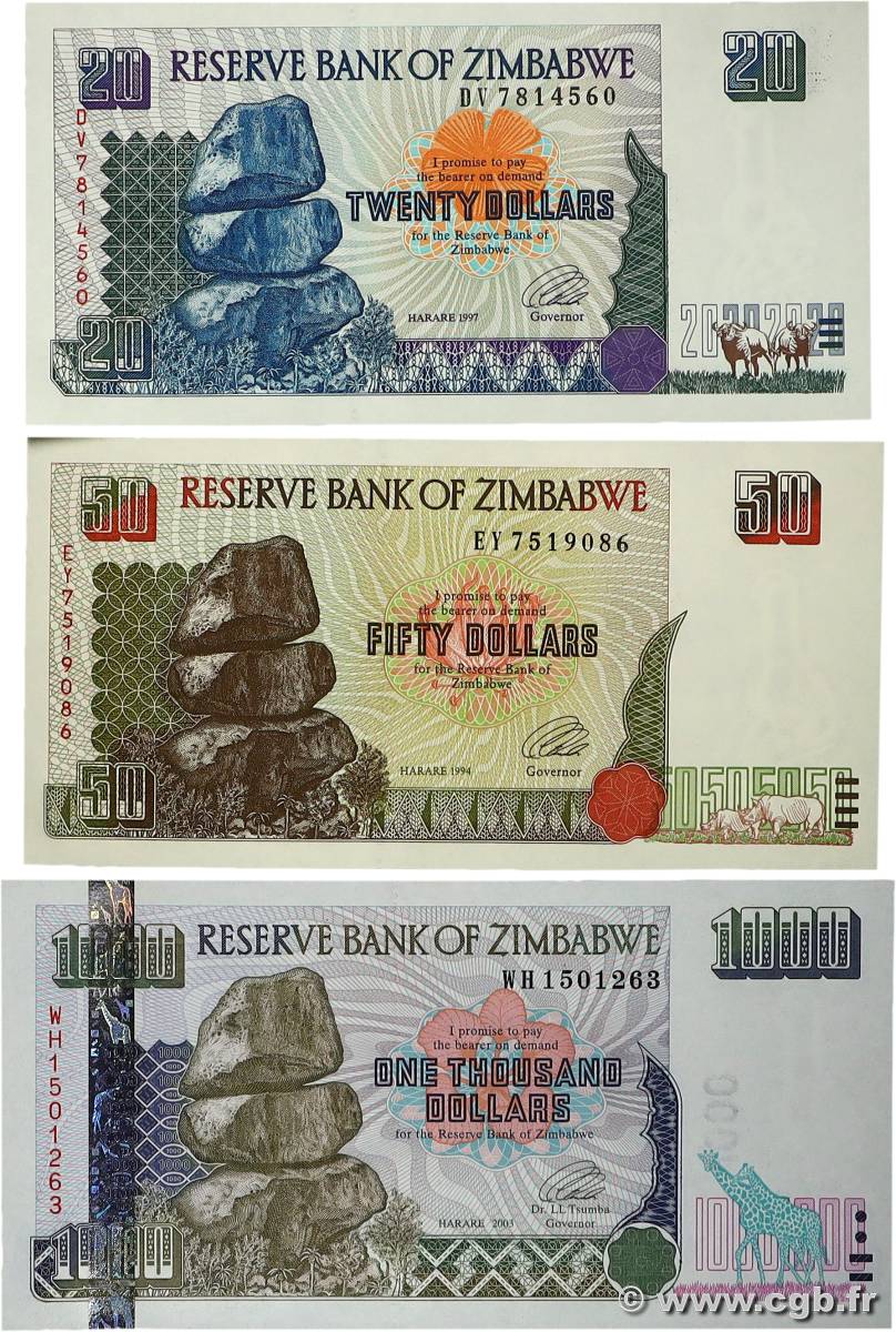 20, 50 et 1000 Dollars Lot ZIMBABWE  2003 P.07a, P.08a et P.12a pr.NEUF