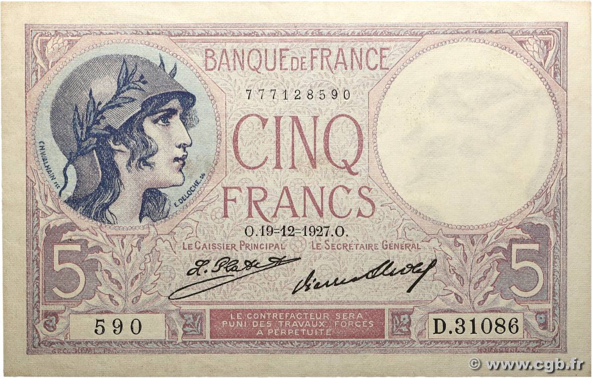 5 Francs FEMME CASQUÉE FRANCE  1927 F.03.11 SPL