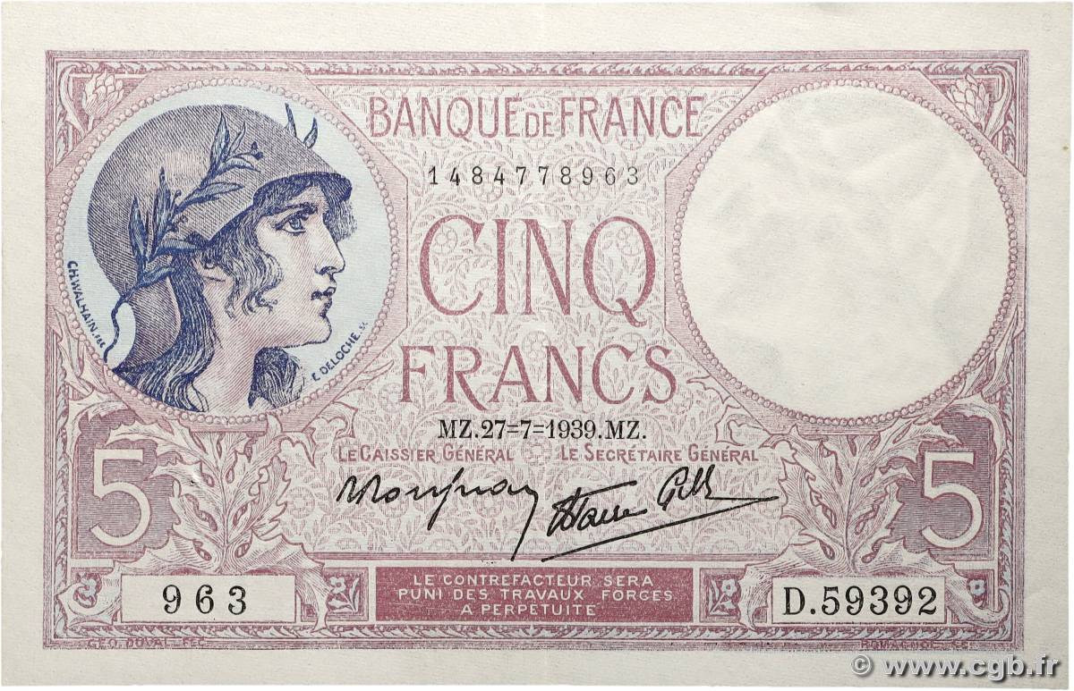 5 Francs FEMME CASQUÉE modifié FRANCE  1939 F.04.03 SUP