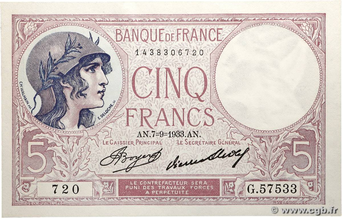 5 Francs FEMME CASQUÉE FRANCE  1933 F.03.17 SPL+