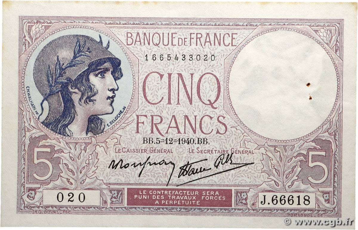 5 Francs FEMME CASQUÉE modifié FRANCE  1940 F.04.16 SUP