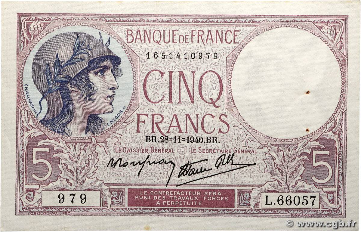 5 Francs FEMME CASQUÉE modifié FRANCE  1940 F.04.15 SUP