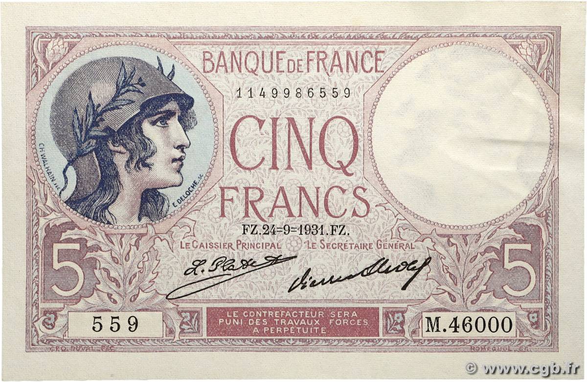5 Francs FEMME CASQUÉE FRANCE  1931 F.03.15 SPL+