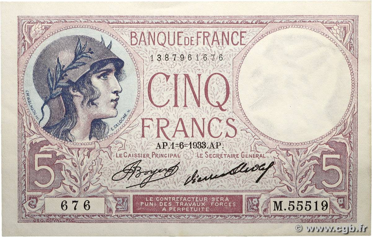5 Francs FEMME CASQUÉE FRANCE  1933 F.03.17 AU