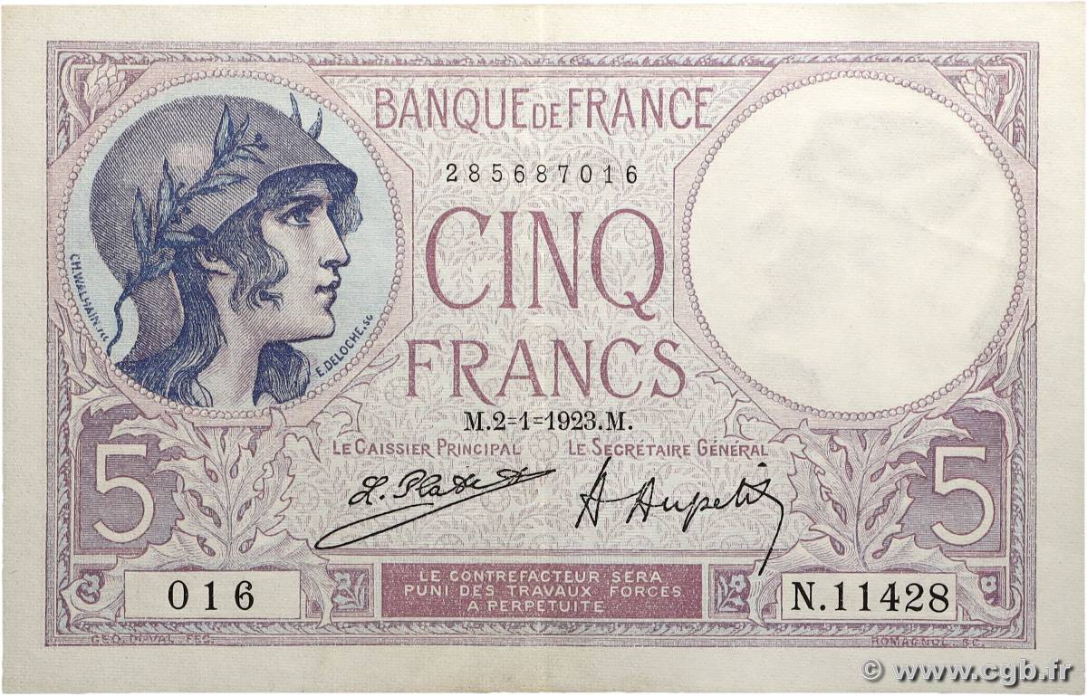 5 Francs FEMME CASQUÉE FRANCE  1923 F.03.07 SUP+