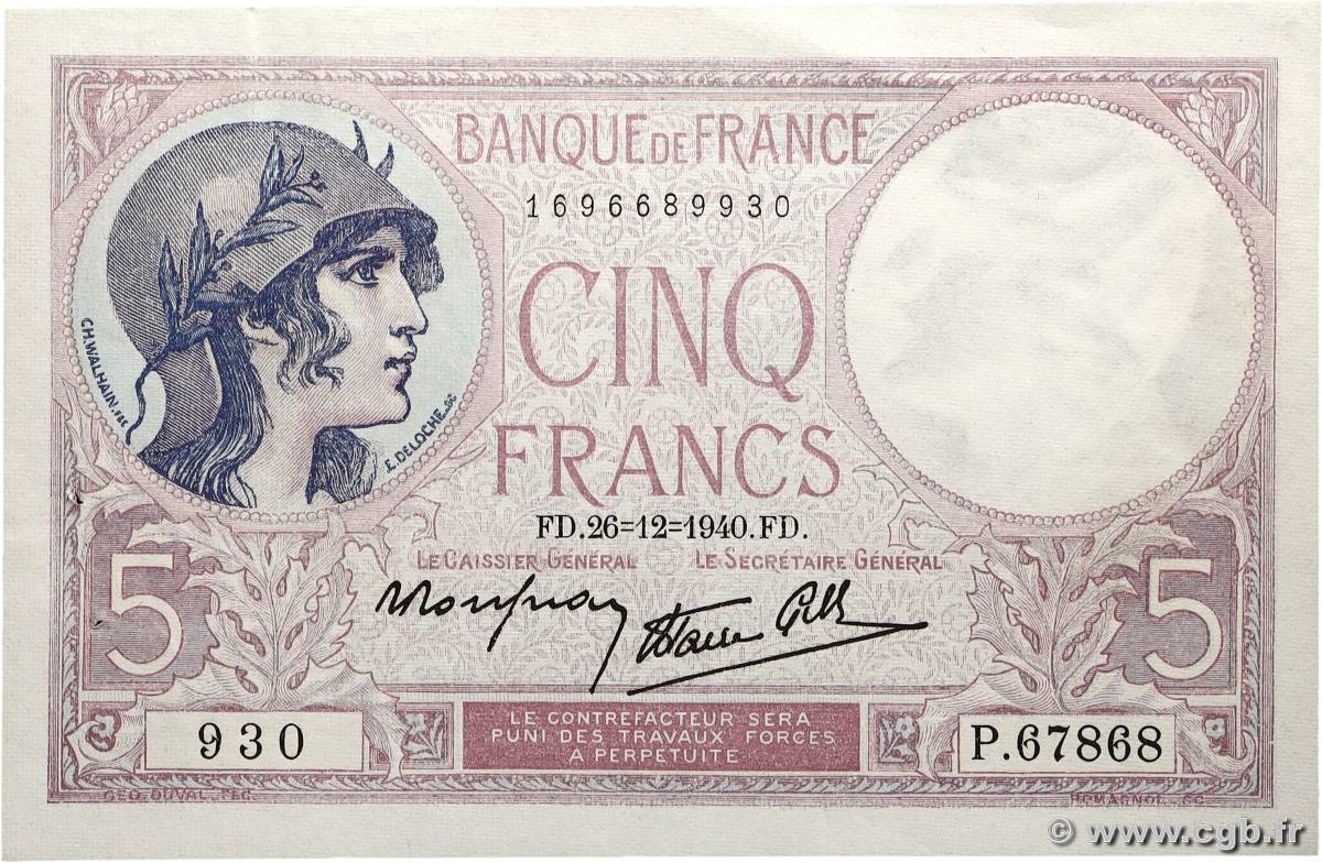 5 Francs FEMME CASQUÉE modifié FRANCE  1940 F.04.18 SUP
