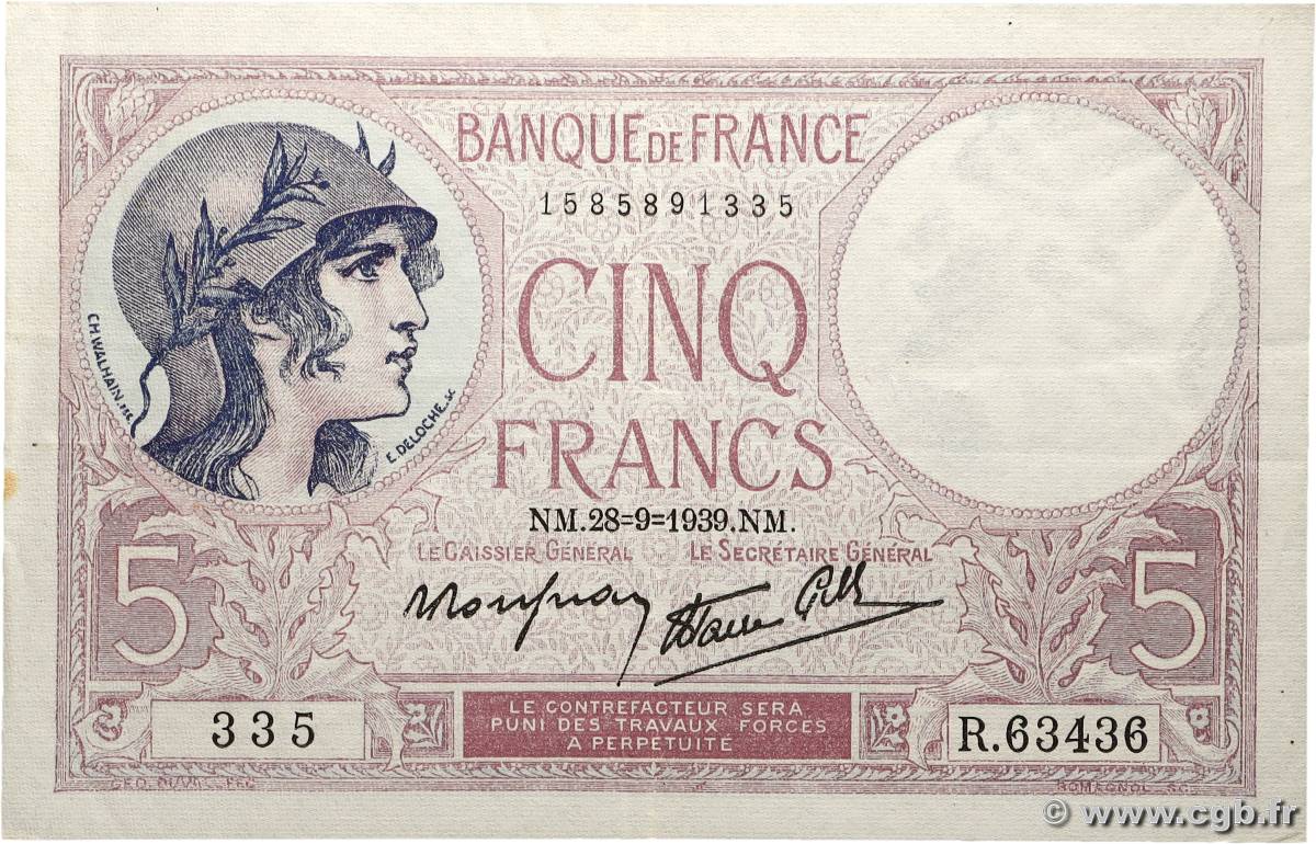 5 Francs FEMME CASQUÉE modifié FRANCE  1939 F.04.10 TTB+