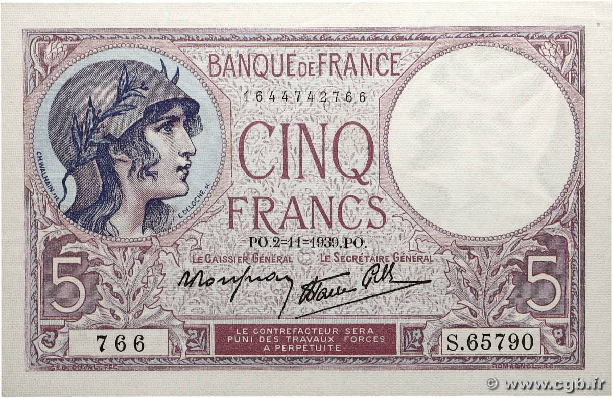 5 Francs FEMME CASQUÉE modifié FRANCE  1939 F.04.14 SUP+