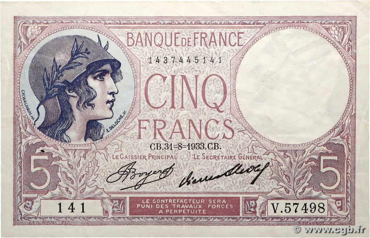 5 Francs FEMME CASQUÉE FRANCE  1933 F.03.17 TTB+