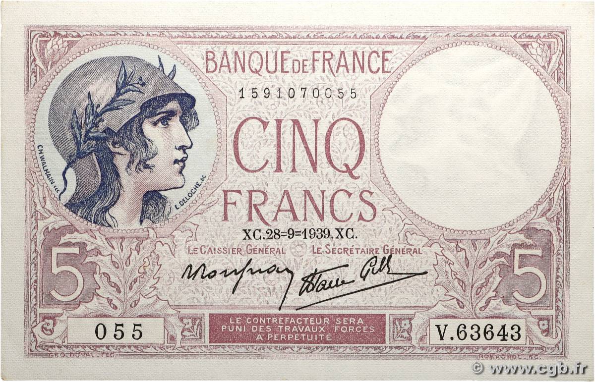 5 Francs FEMME CASQUÉE modifié FRANCE  1939 F.04.10 UNC-