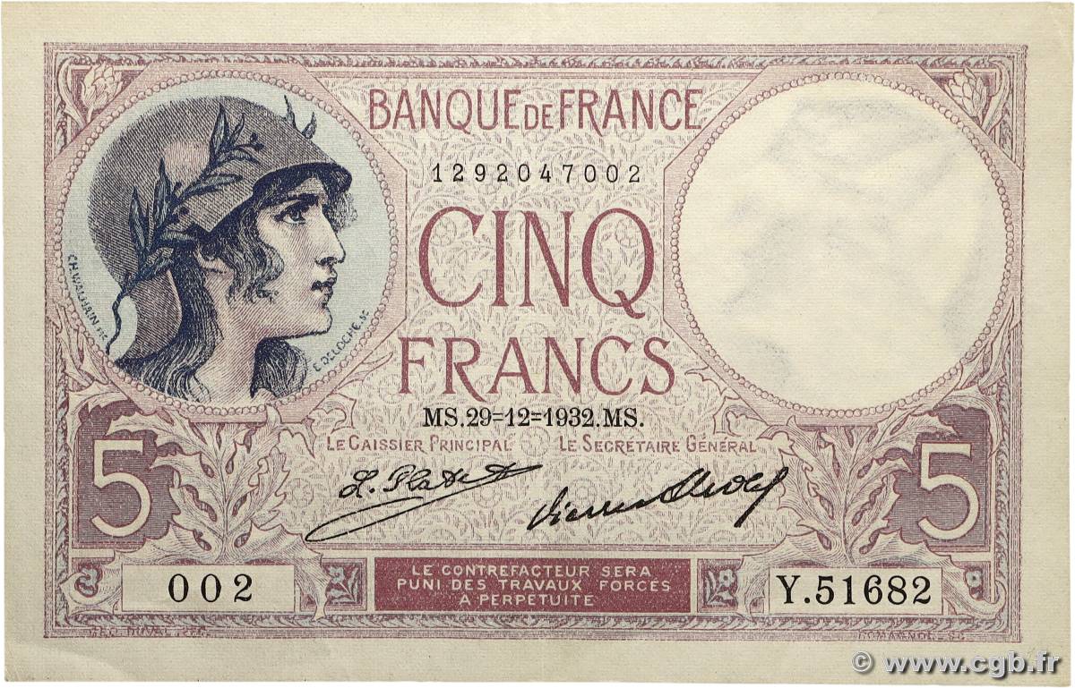 5 Francs FEMME CASQUÉE FRANCE  1932 F.03.16 pr.SPL