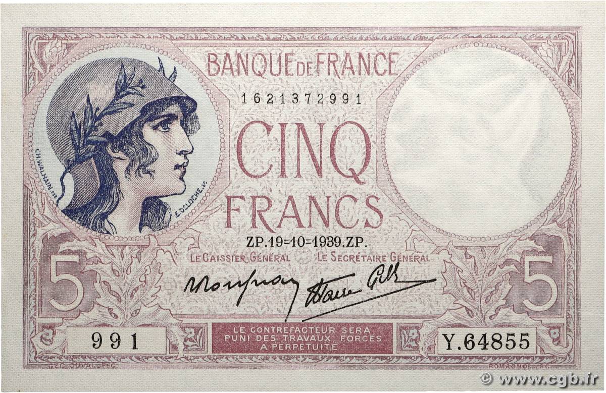 5 Francs FEMME CASQUÉE modifié FRANCE  1939 F.04.12 SPL