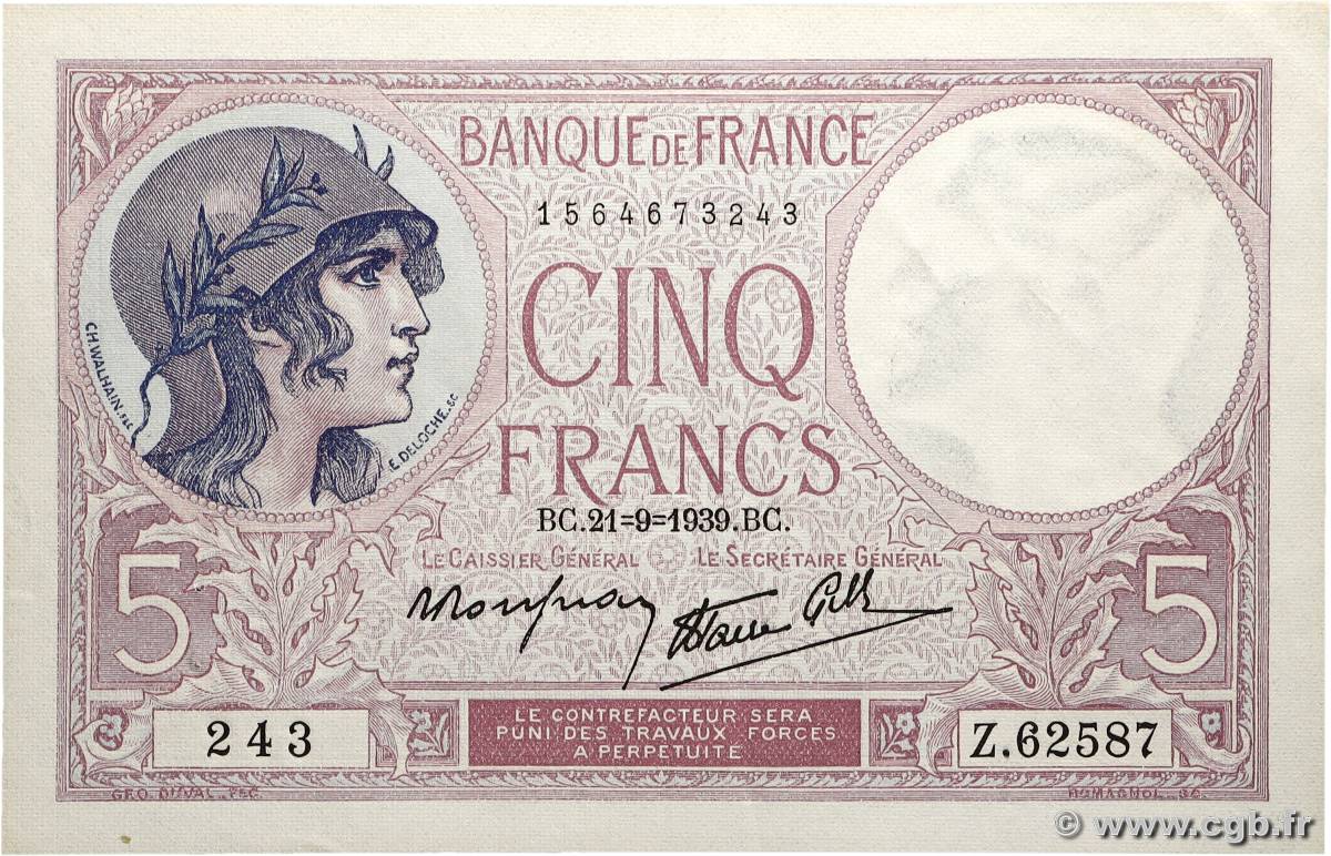5 Francs FEMME CASQUÉE modifié FRANCE  1939 F.04.09 SUP+