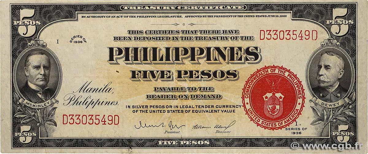 5 Pesos PHILIPPINES  1936 P.083b TTB