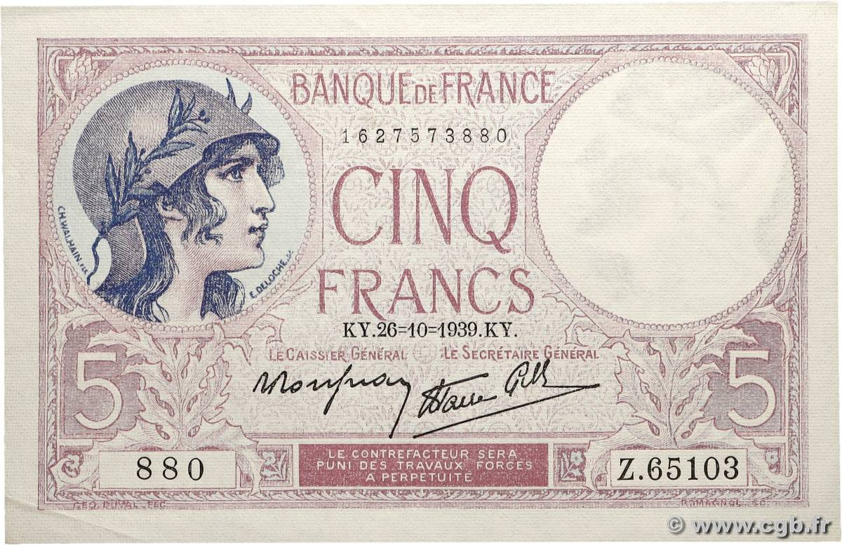 5 Francs FEMME CASQUÉE modifié FRANCE  1939 F.04.13 SPL+