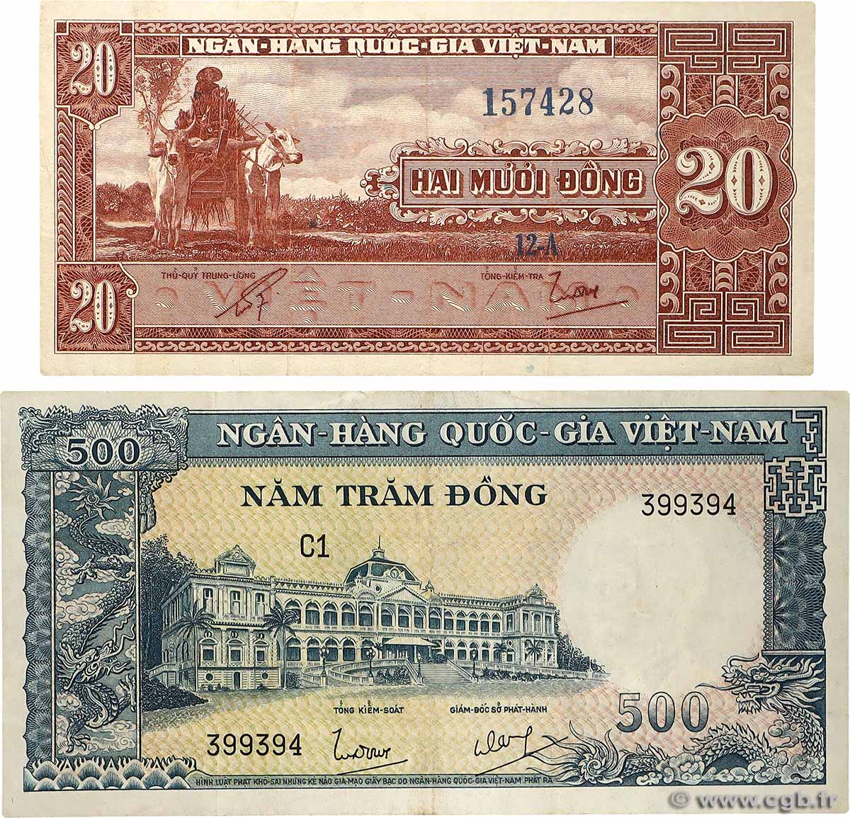 20 et 500 Dong Lot VIET NAM SUD  1962 P.06a et P.06Aa TB+