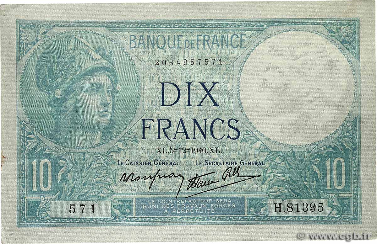 10 Francs MINERVE modifié FRANCE  1940 F.07.23 pr.SPL