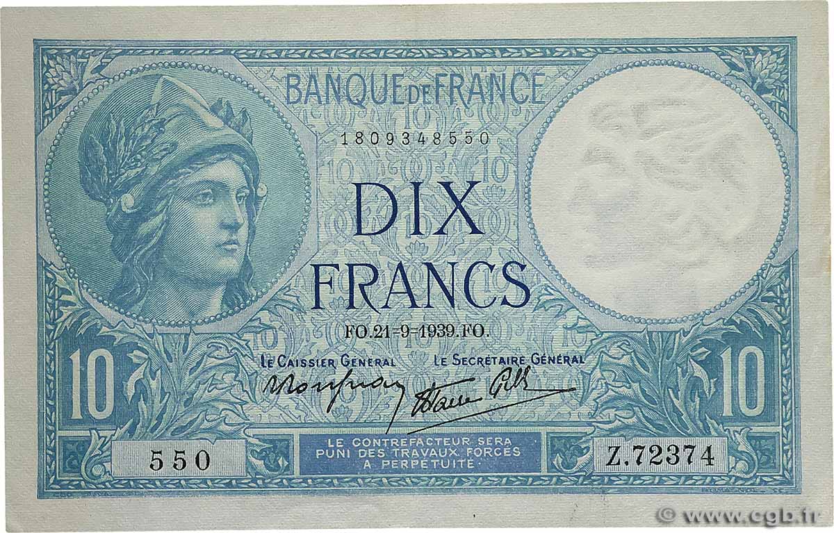 10 Francs MINERVE modifié FRANCE  1939 F.07.09 SUP+