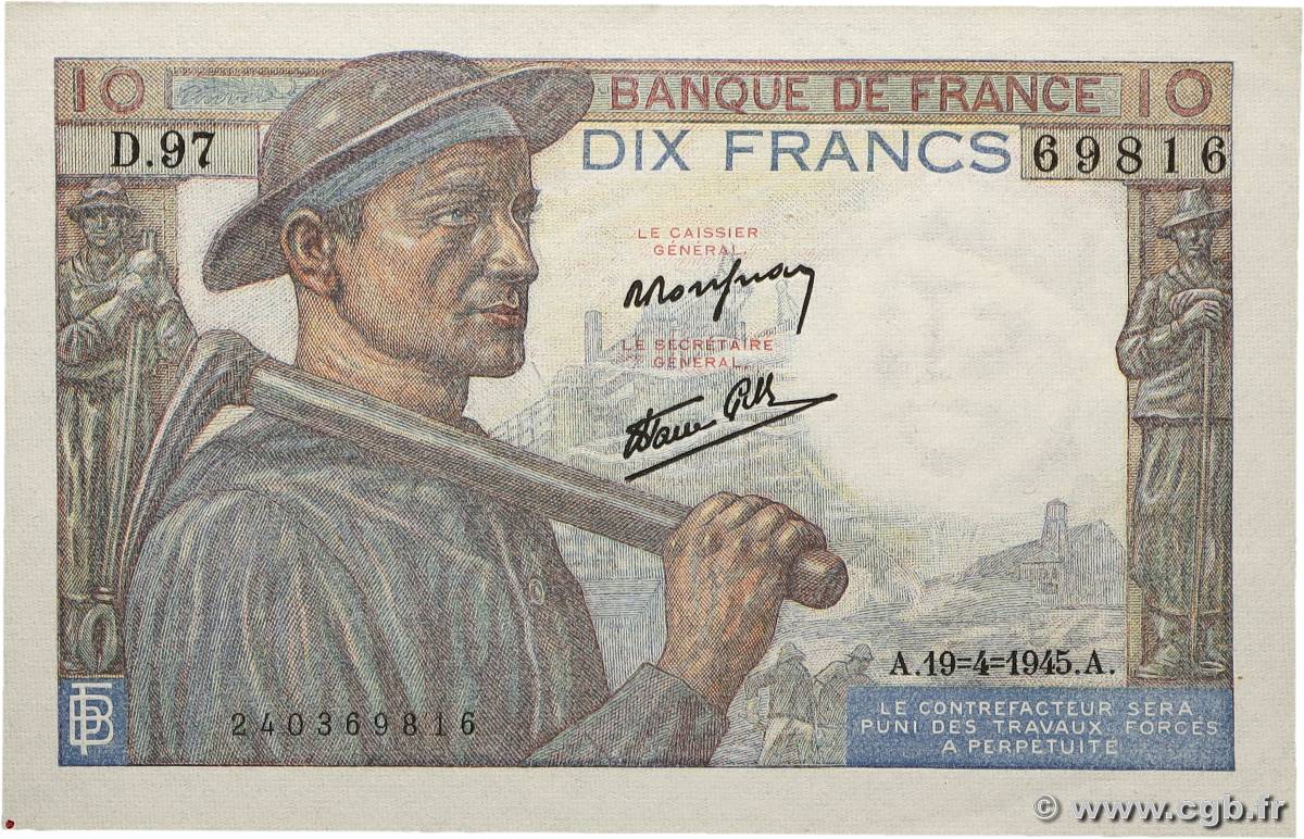 10 Francs MINEUR FRANCE  1945 F.08.13 pr.NEUF