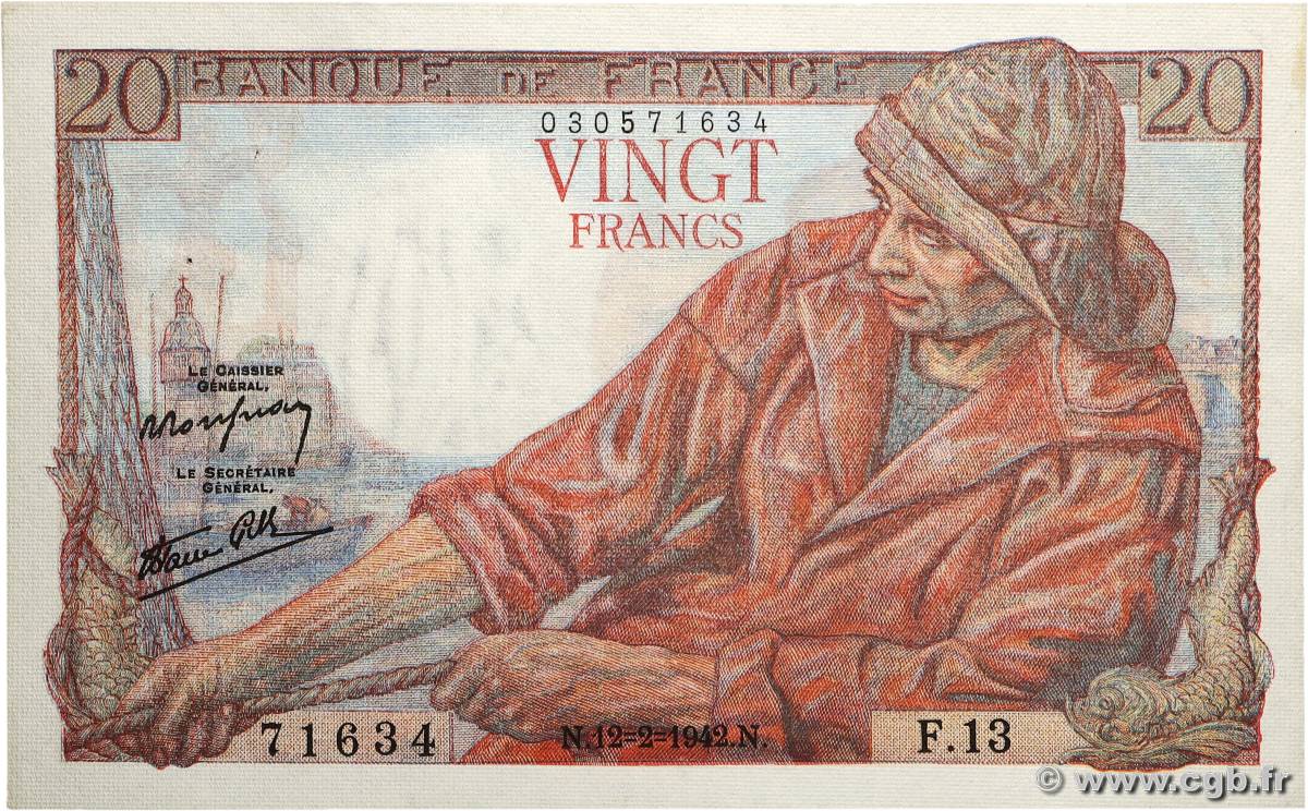 20 Francs PÊCHEUR FRANCE  1942 F.13.01 SUP+