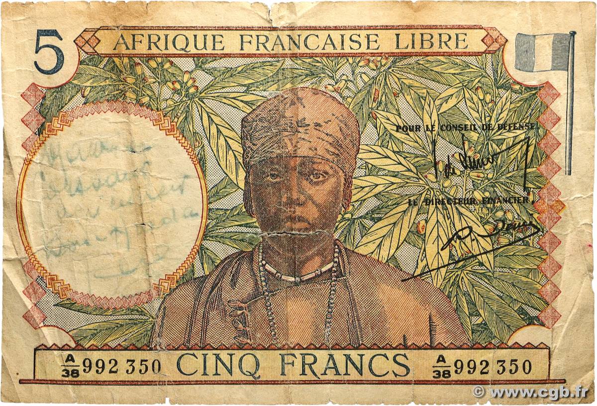 5 Francs type 1941 AFRIQUE ÉQUATORIALE FRANÇAISE Brazzaville 1942 A.114a B+