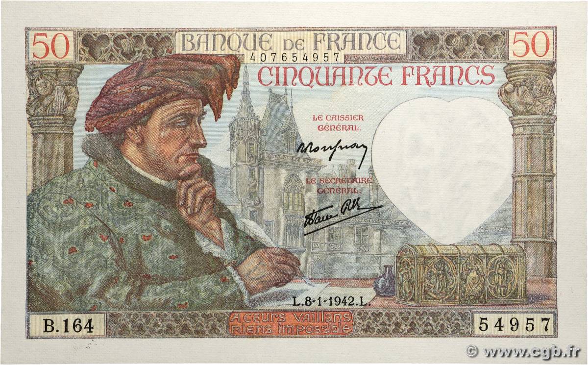 50 Francs JACQUES CŒUR FRANCE  1942 F.19.18 NEUF