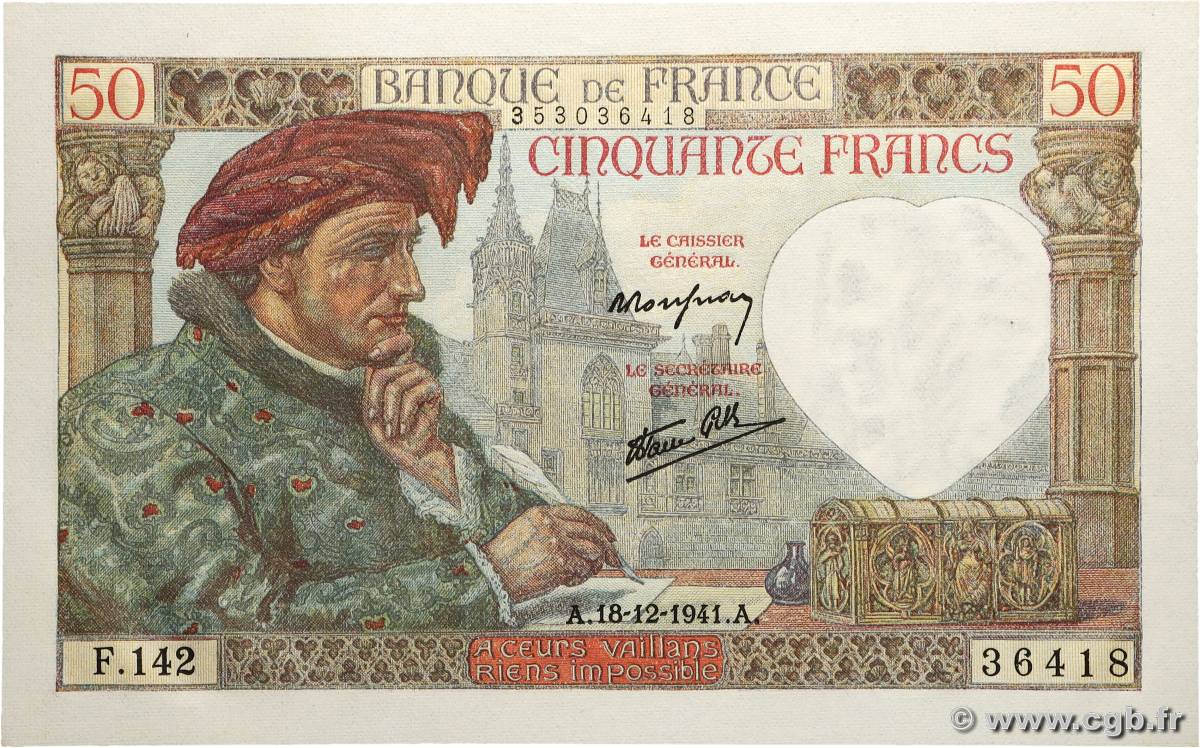 50 Francs JACQUES CŒUR FRANCE  1941 F.19.17 NEUF