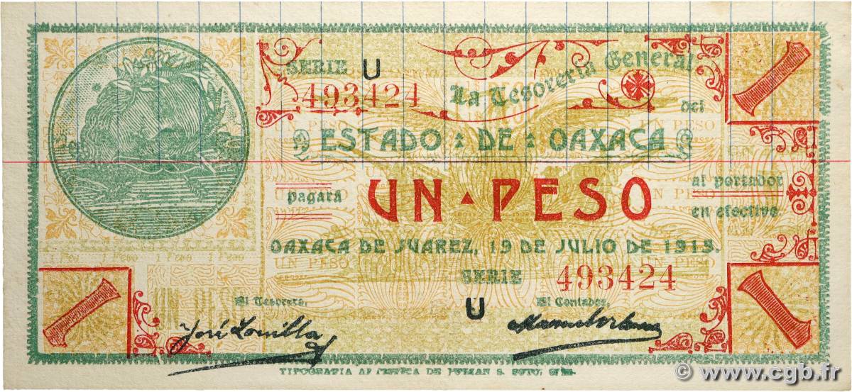 1 Peso MEXIQUE Oaxaca de Juarez 1915 PS.0953a SUP
