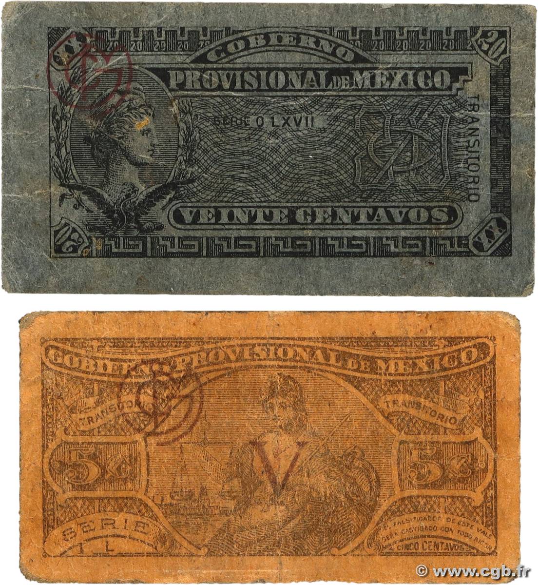 5 et 20 Centavos Lot MEXIQUE  1914 PS.0697 et PS.0699 TB