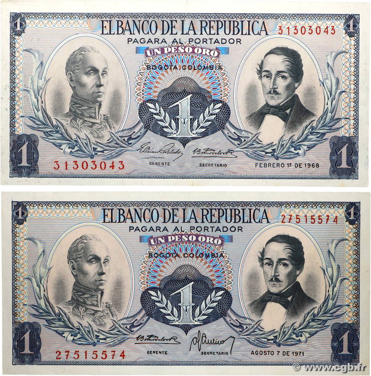 1 Peso Oro Lot COLOMBIE  1968 P.404d et P.404e TTB+