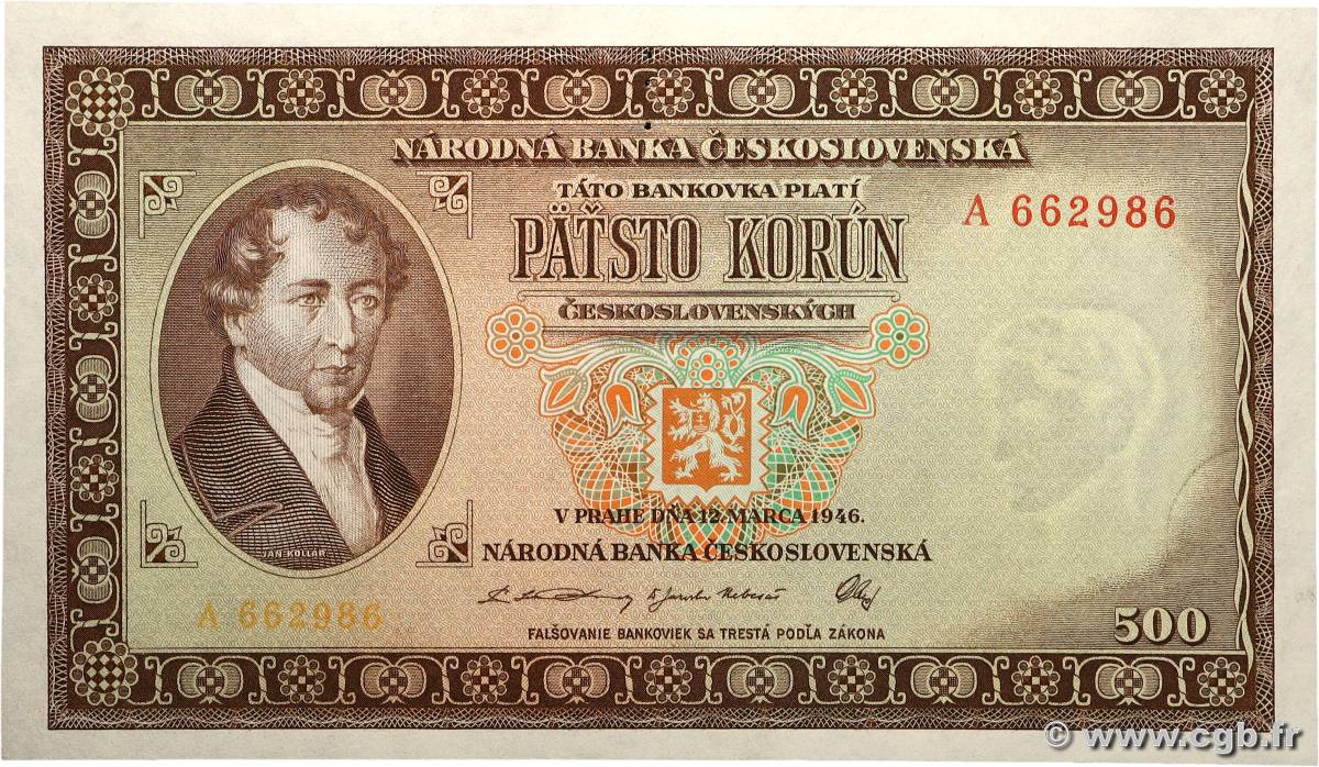 500 Korun Spécimen TSCHECHOSLOWAKEI  1946 P.073s fST+